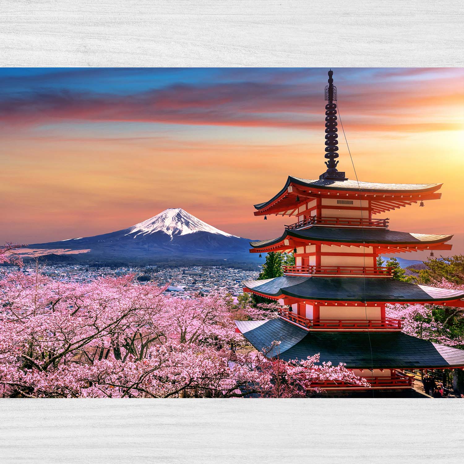 Obraz - Čerešňové kvety na jar, pagoda chureito a hora fuji pri západe slnka v Japonsku prev